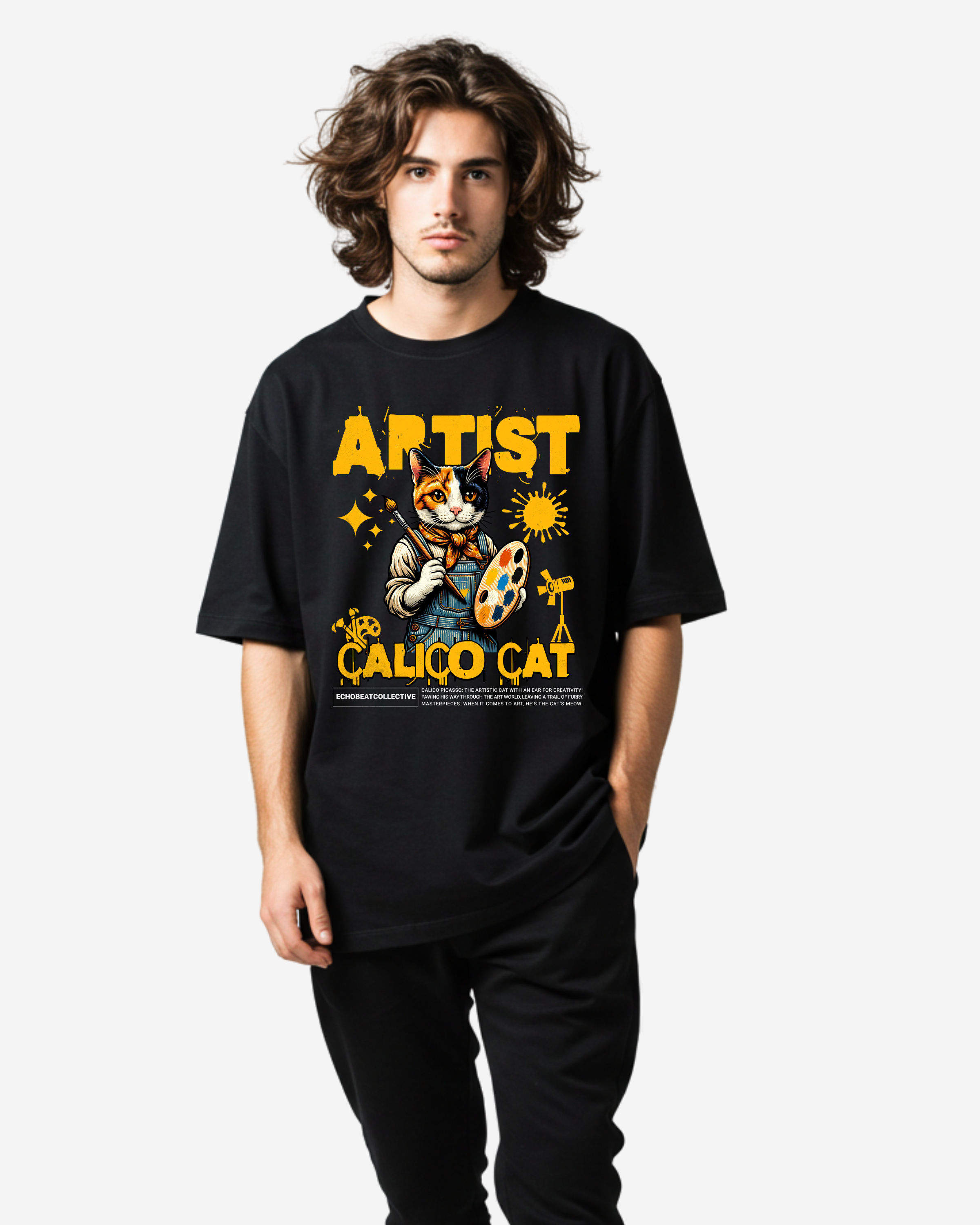 Calico Cat Cute Artist Painting Men's Oversized T-Shirt